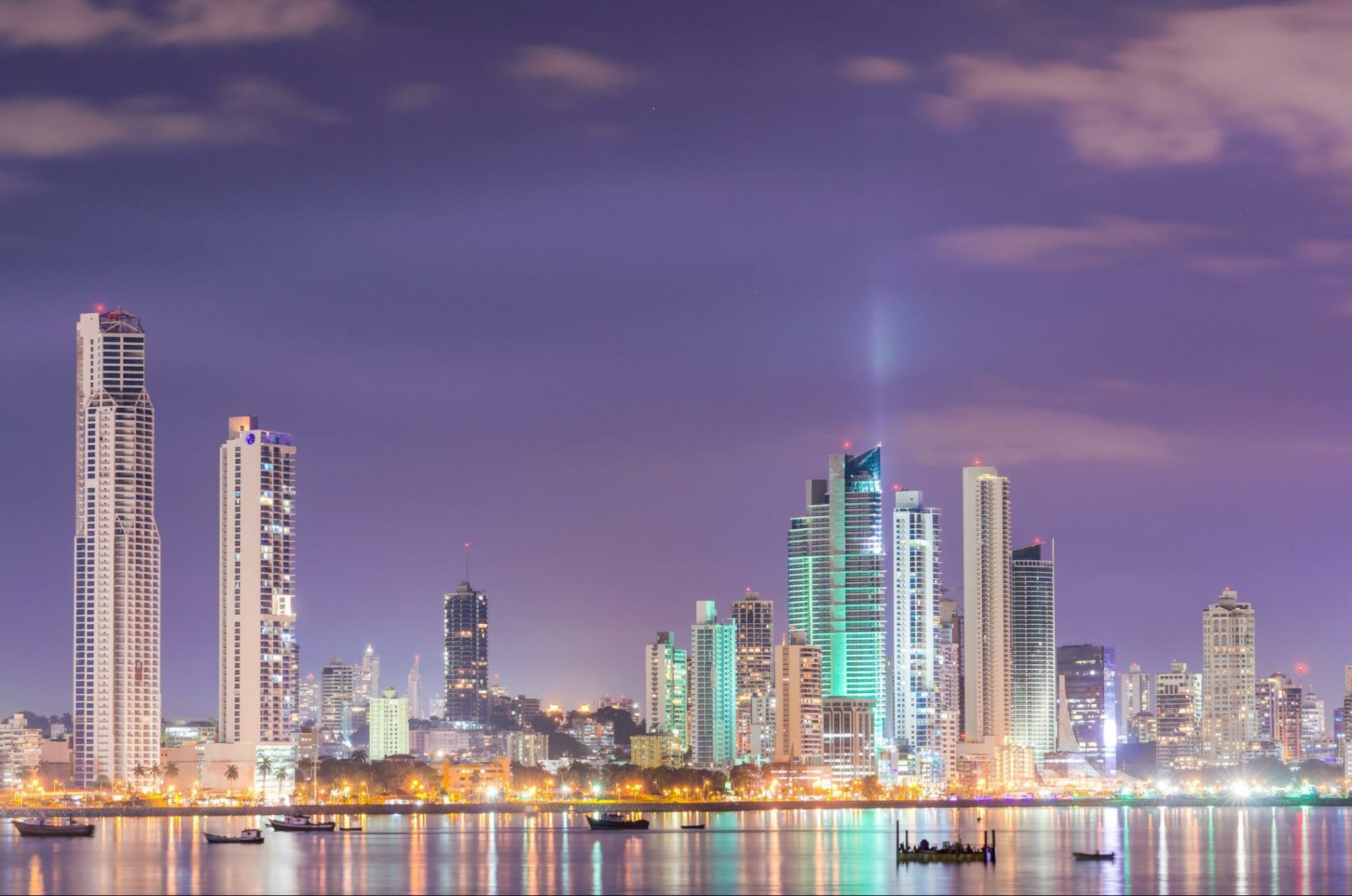 Night Skyline Of Panama City Which Sits On The Pacific Coast, Close To The Panama Canal