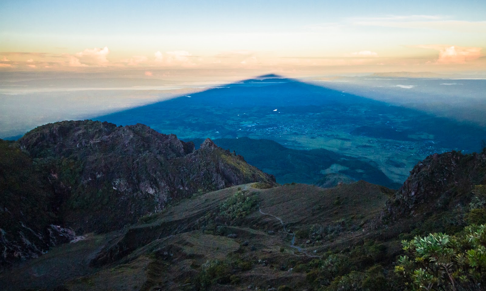 The Shadow Of Volcan Baru, Panama's Highest Point, Dominates The Landscape During Sunrise.